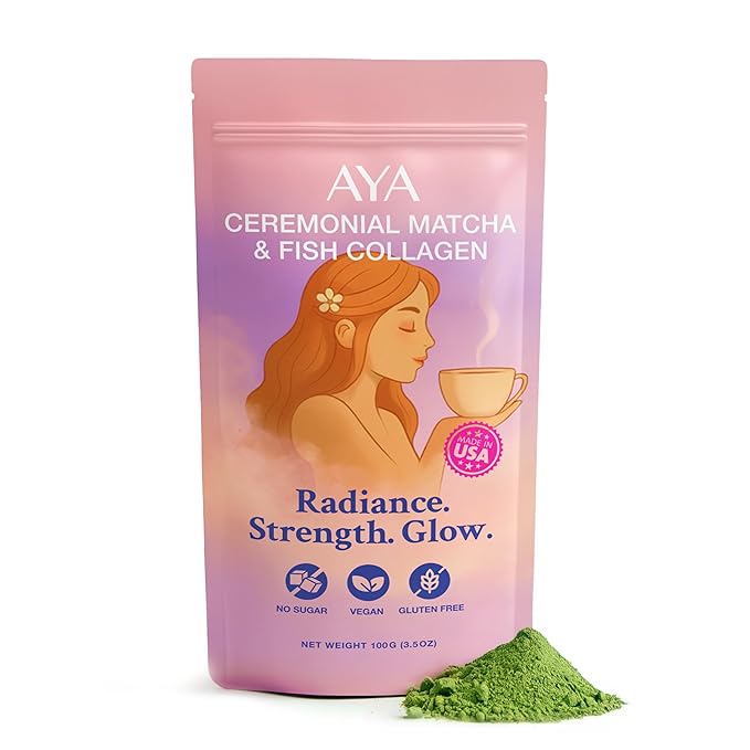 Aya Matcha Organic Ceremonial Grade Matcha Powder with Marine Collagen – Premium Matcha Green Tea for Women – Sugar Free Matcha Latte Mix – Keto Matcha Collagen Protein Powder for Lattes & Smoothies
