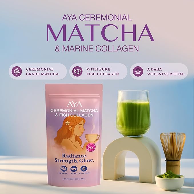 Aya Matcha Organic Ceremonial Grade Matcha Powder with Marine Collagen – Premium Matcha Green Tea for Women – Sugar Free Matcha Latte Mix – Keto Matcha Collagen Protein Powder for Lattes & Smoothies